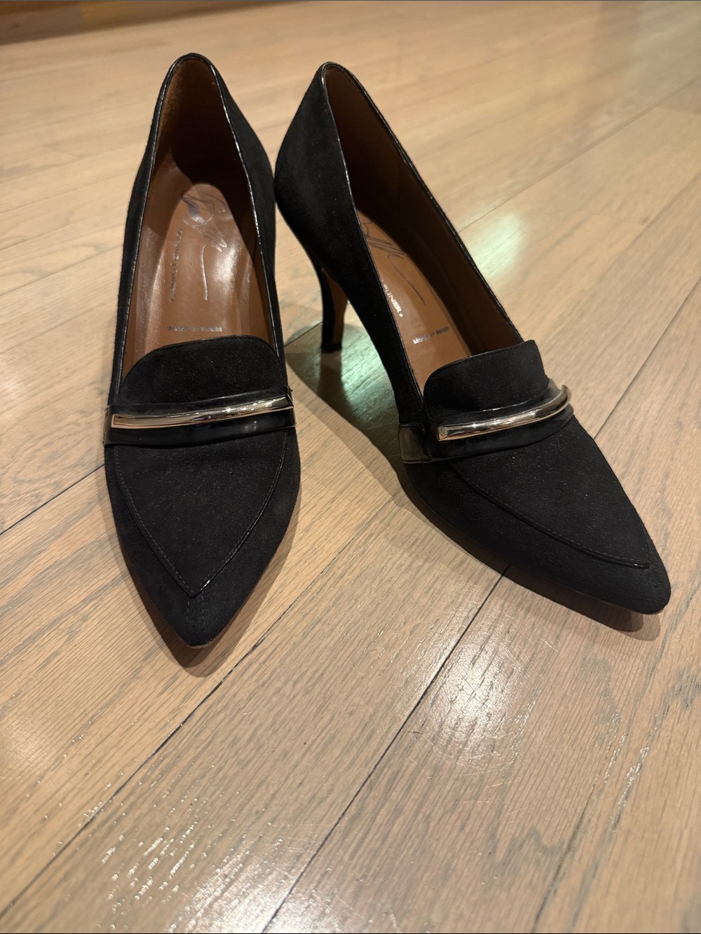 Donald J. Pliner Black Suede Pointed-Toe Pumps with Metallic Accent